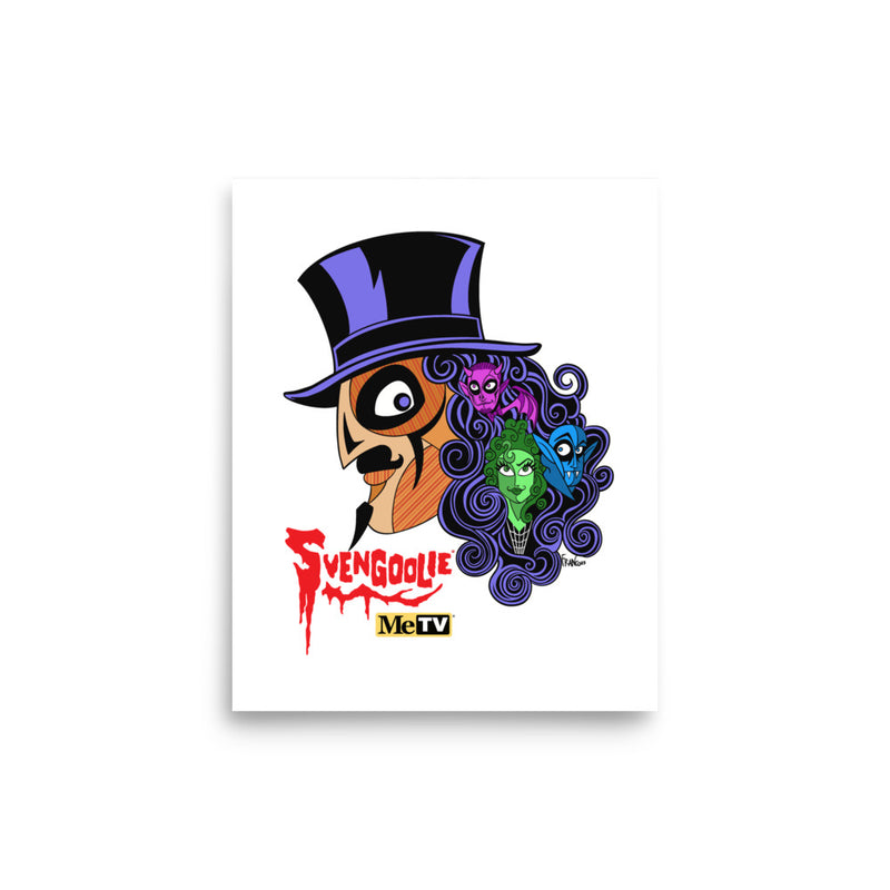 Art print of Svengoolie in a top hat with curly hair, and the faces of the Sven Squad in his hair, with the text 'Svengoolie' in red and the MeTV logo.