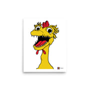 Close-up of white poster with a large yellow Kerwyn chicken head, wide eyes, and red tongue, with 'Kerwyn' text bottom right.