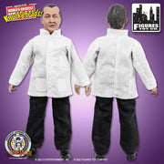Front and back views of the Curly action figure from The Three Stooges series, showing the white jacket with buttons and black pants.