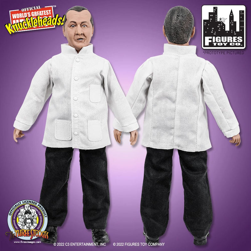 Front and back views of the Curly action figure from The Three Stooges series, showing the white jacket with buttons and black pants.
