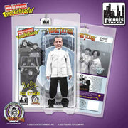White-jacketed Curly action figure with black pants in clear package featuring the card title 'The Three Stooges' at top and a Curly photo below it.