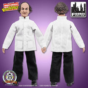 Front and back views of the Larry action figure showing the white button-front jacket, chest and hip pockets, and black pants