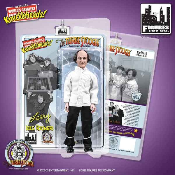 White-jacketed Larry action figure in black pants inside a clear package with the text 'The Three Stooges' in red and yellow at top of card