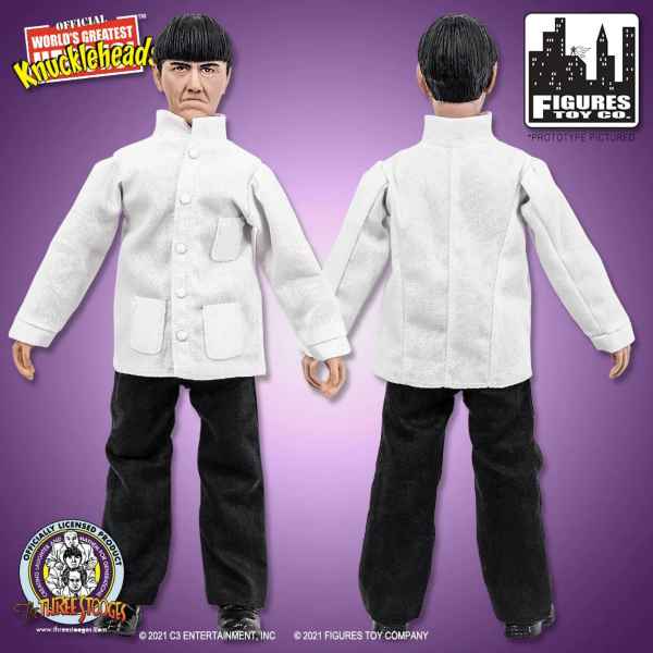 Front and back views of the Moe action figure from The Three Stooges Idle Roomers series, showing the white jacket's buttons, pockets, and collar.