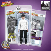 Black and white Moe action figure in a white jacket and black pants, in clear packaging featuring The Three Stooges logo with the text 'The Three Stooges' in red at top.