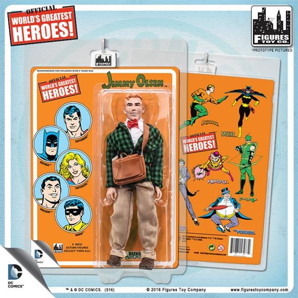 Green plaid-jacketed Jimmy Olsen action figure in clear package on orange retro card with the text 'Jimmy Olsen' in green at top.