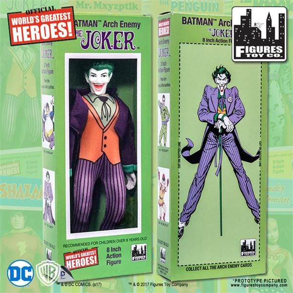 Front of green retro-style box for Joker 8 inch action figure, showing the figure in a window with the text 'THE JOKER' above it.