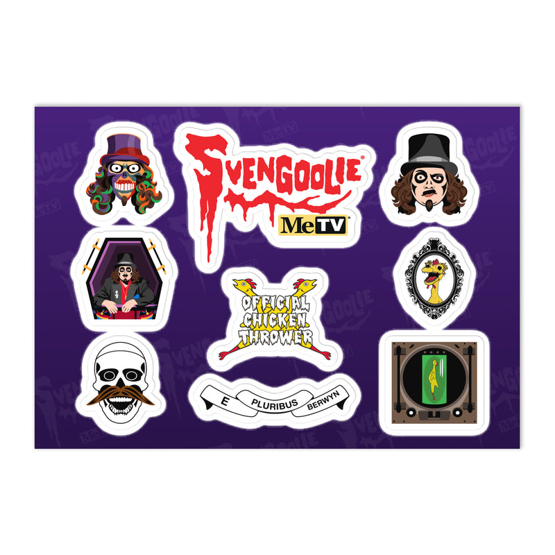 Purple sticker sheet featuring Svengoolie designs, including the red 'Svengoolie' logo with 'MeTV' below it.