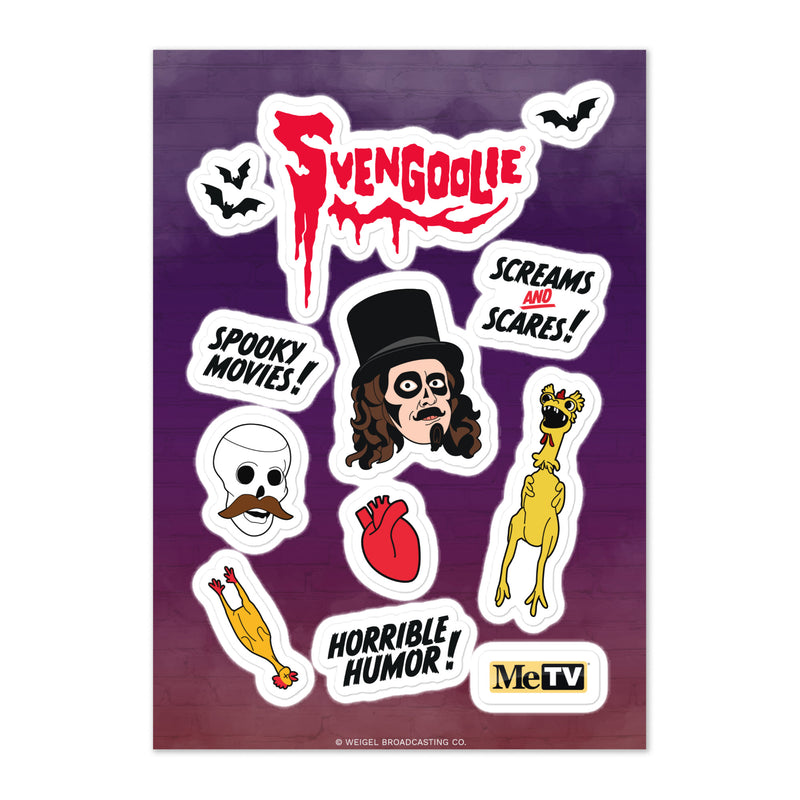 Purple sticker sheet featuring the red Svengoolie logo with the text 'Svengoolie' and a face in a top hat, plus skull, heart, and chickens.