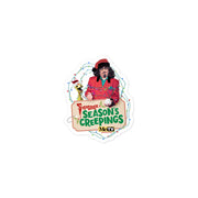 Smaller full view of the Svengoolie and Kerwyn die-cut sticker centered on a white background, with the text 'Svengoolie Season's Creepings' on the beige tag and the design surrounded by white space.