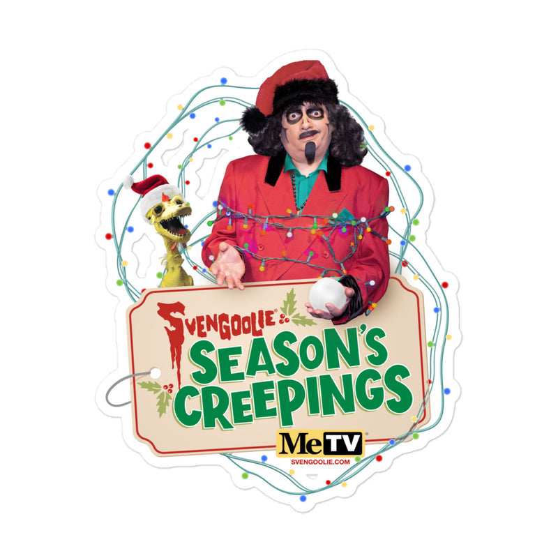 Multicolor die-cut sticker featuring Svengoolie and Kerwyn with the text 'Svengoolie Season's Creepings' in red and green.