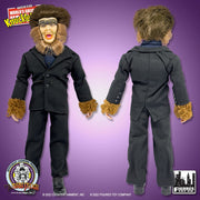 Front and back views of the Lupe the Wolf Man action figure showing the black suit, brown fur cuffs, and brown fur wig and beard.