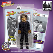 Packaged Lupe the Wolf Man action figure in a black suit with brown fur cuffs, featuring The Three Stooges logo with the text 'Lupe' in black on the card below it.