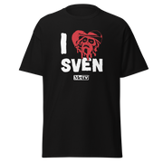 Black short-sleeved t-shirt featuring a red heart with a Svengoolie face graphic included in the text 'I Heart Sven' in black above and the MeTV logo below it.