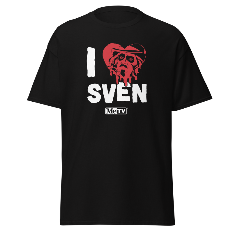 Black short-sleeved t-shirt featuring a red heart with a Svengoolie face graphic included in the text 'I Heart Sven' in black above and the MeTV logo below it.