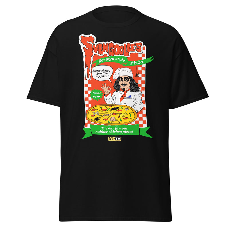 Black t-shirt featuring Svengoolie as a pizza chef with the text 'Svengoolie's' in red and a green banner reading "Berwyn Style Pizza"