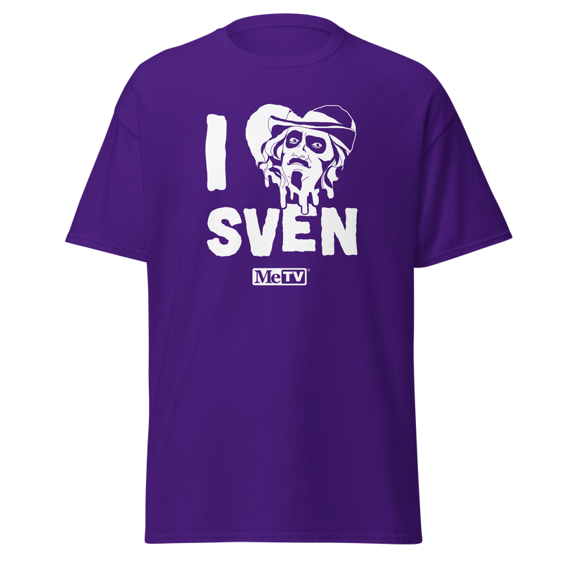 Purple short-sleeved t-shirt featuring a white heart with a Svengoolie face graphic included in the text 'I Heart Sven' in white above and the MeTV logo below it.
