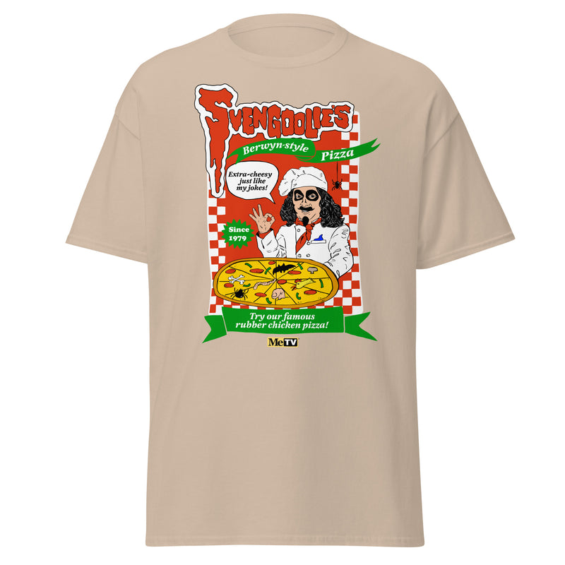 Sand-colored t-shirt featuring Svengoolie as a pizza chef with the text 'Svengoolie's' in red and a green banner reading "Berwyn Style Pizza"