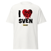 White short-sleeved t-shirt featuring a red heart with a Svengoolie face graphic included in the text 'I Heart Sven' in black above and the MeTV logo below it.