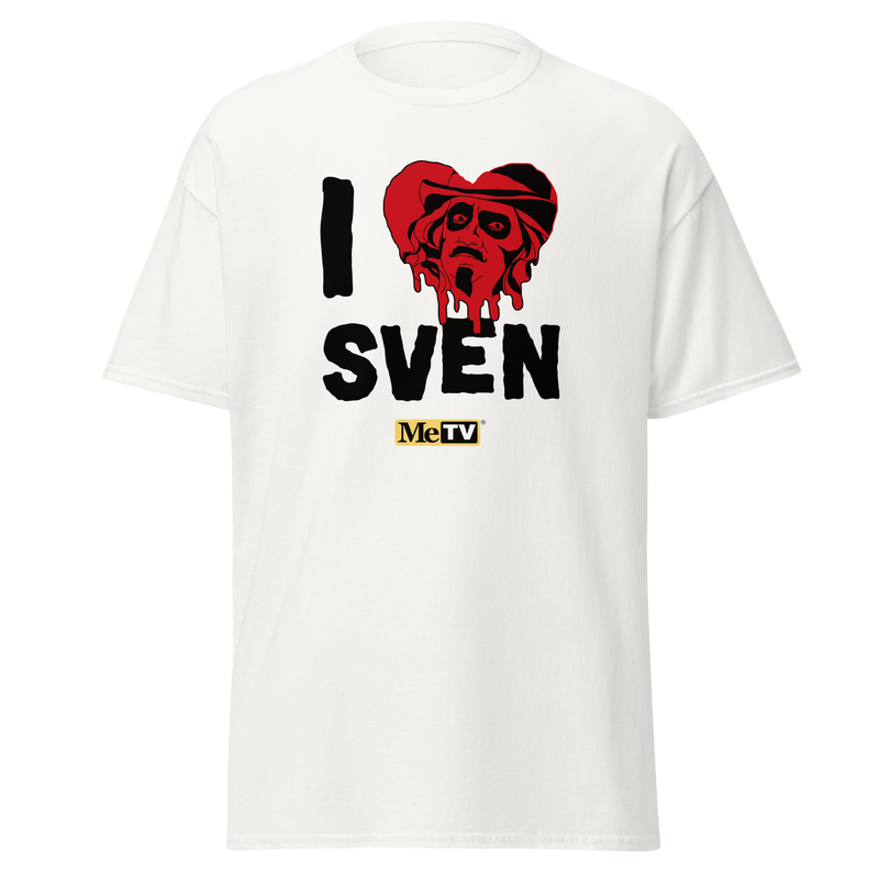 White short-sleeved t-shirt featuring a red heart with a Svengoolie face graphic included in the text 'I Heart Sven' in black above and the MeTV logo below it.