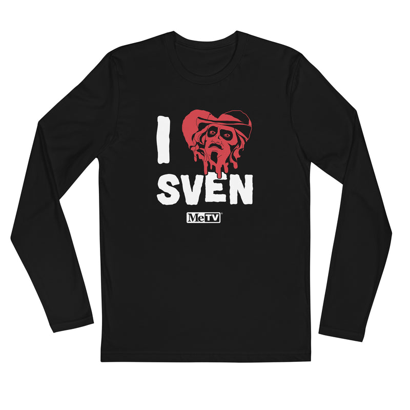Black long-sleeved t-shirt featuring a red heart with a Svengoolie face graphic included in the text 'I Heart Sven' in black above and the MeTV logo below it.