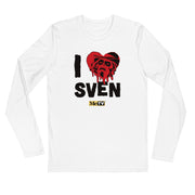 White long-sleeved t-shirt featuring a red heart with a Svengoolie face graphic included in the text 'I Heart Sven' in black above and the MeTV logo below it.