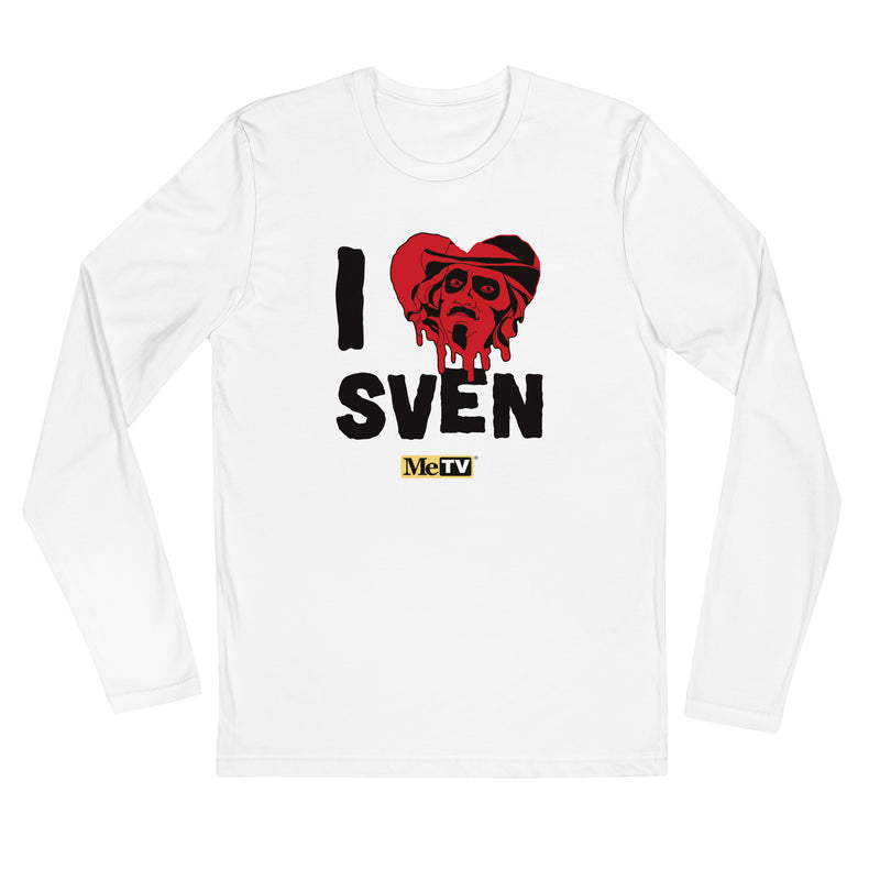 White long-sleeved t-shirt featuring a red heart with a Svengoolie face graphic included in the text 'I Heart Sven' in black above and the MeTV logo below it.