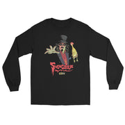 Black long-sleeved shirt with a Svengoolie character illustration featuring Svengoolie reaching forward and holding a yellow chicken, with the text 'Svengoolie' in red below him.