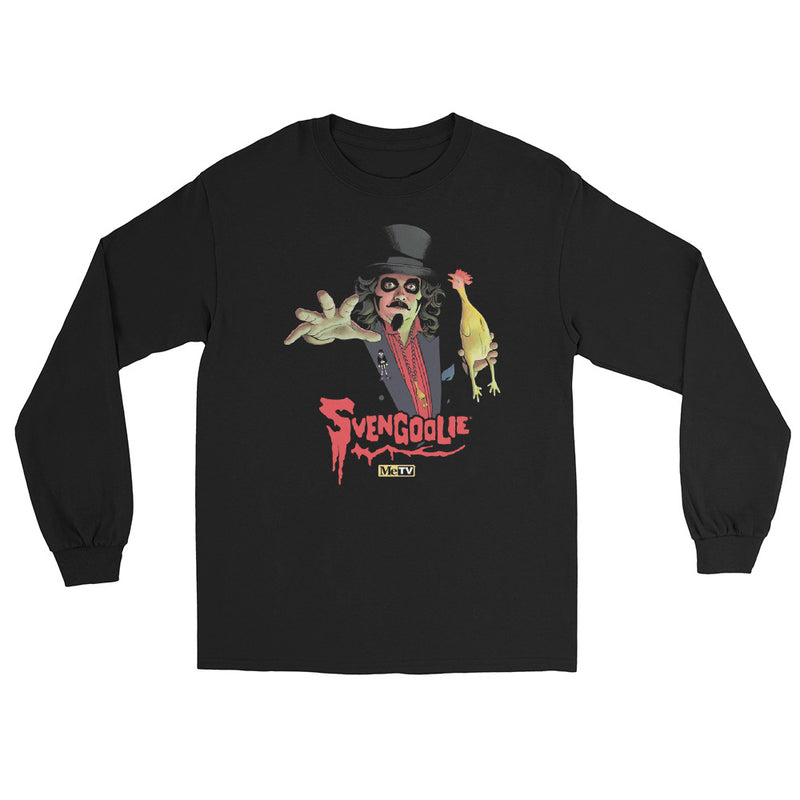 Black long-sleeved shirt with a Svengoolie character illustration featuring Svengoolie reaching forward and holding a yellow chicken, with the text 'Svengoolie' in red below him.