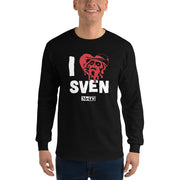 Model wearing black long-sleeved shirt featuring a red heart with a Svengoolie face graphic included in the text 'I Heart Sven' in black above and the MeTV logo below it.