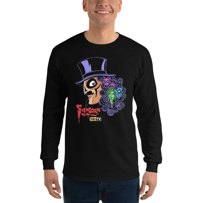 Model wearing a black long-sleeve shirt with Svengoolie in a top hat with curly hair, and the faces of the Sven Squad in his hair, with the text 'Svengoolie' in red and the MeTV logo.