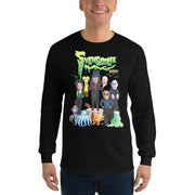 Model wearing a black long-sleeve shirt featuring Svengoolie and the Sven Squad alongside small monster characters with the text 'Svengoolie' in green dripping letters and a MeTV logo at the top.