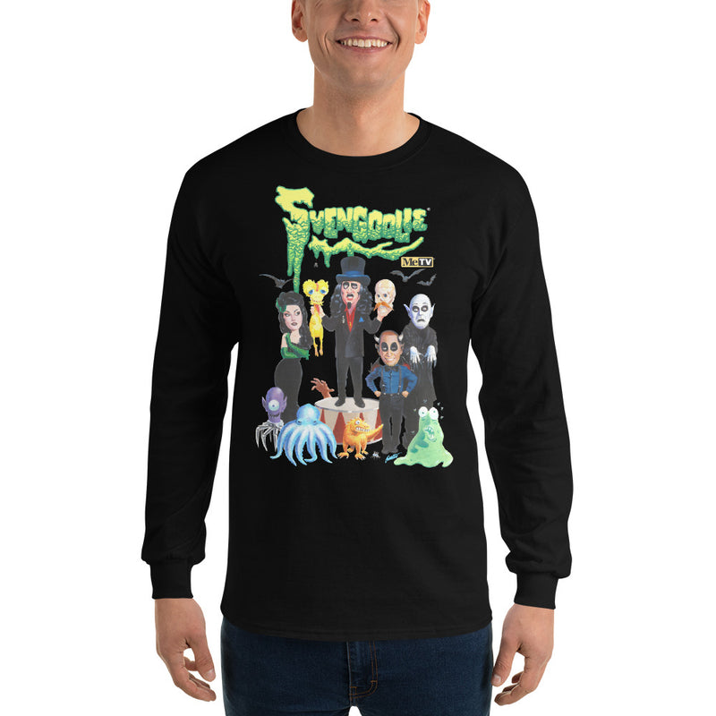 Model wearing a black long-sleeve shirt featuring Svengoolie and the Sven Squad alongside small monster characters with the text 'Svengoolie' in green dripping letters and a MeTV logo at the top.