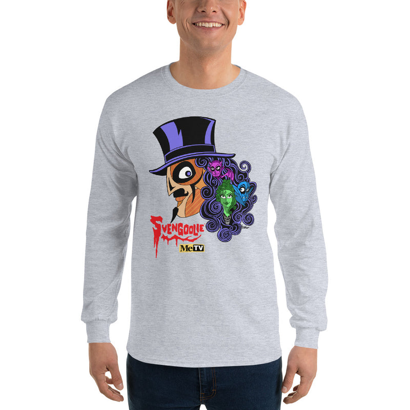 Model wearing gray long-sleeved shirt featuring Svengoolie in a top hat with curly hair, and the faces of the Sven Squad in his hair, with the text 'Svengoolie' in red and the MeTV logo.