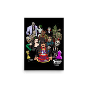 Black poster featuring illustrated Svengoolie with cake surrounded by movie monsters, with 'Svengoolie' logo at lower right
