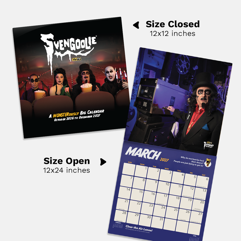 Open and closed views of 2027 Svengoolie wall calendar with the text 'Svengoolie' in white at the top of the cover.