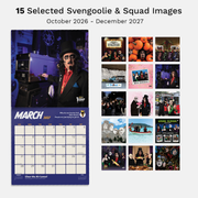 Open 2027 Svengoolie wall calendar showing the March 2027 page with a photo of Svengoolie, beside a grid of 15 selected Svengoolie and squad images.