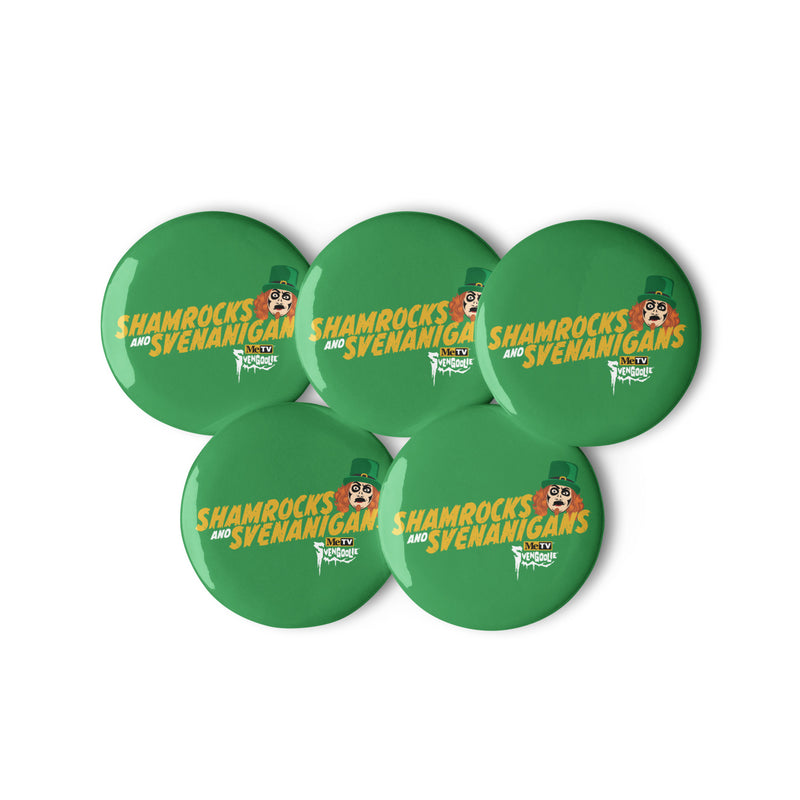 Five green round buttons featuring a Svengoolie face in a leprechaun hat with the text 'Shamrocks and Svenanigans' in yellow.
