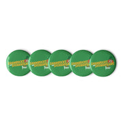 Set of five green round buttons featuring a Svengoolie face in a green top hat with the text 'SHAMROCKS AND SVENANIGANS' in yellow.