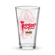 Clear pint glass featuring a red Svengoolie logo and a yellow MeTV logo below.