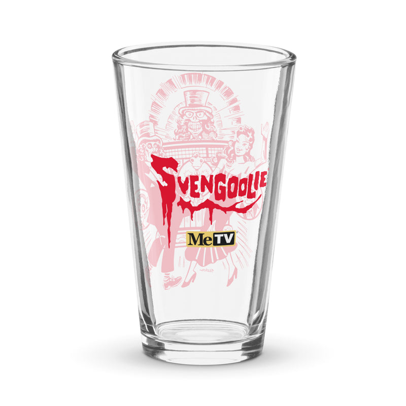 Clear pint glass featuring a red Svengoolie logo and a yellow MeTV logo below.