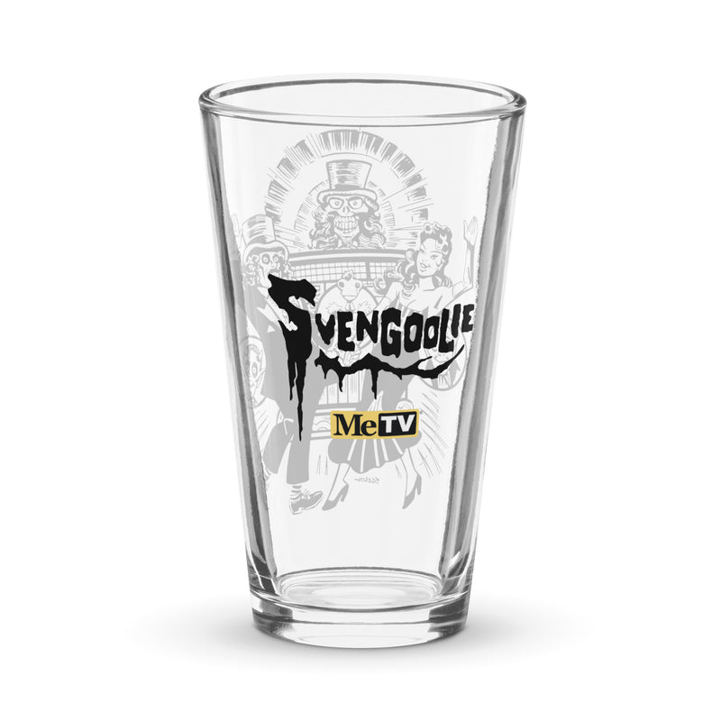 Clear pint glass featuring a black Svengoolie logo and a yellow MeTV logo below.