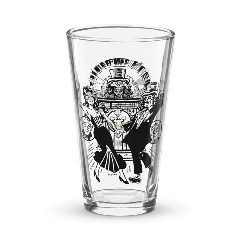 Clear pint glass featuring a black Joe Staton illustration of Svengoolie and Gwengoolie dancing in a vintage nightclub scene.