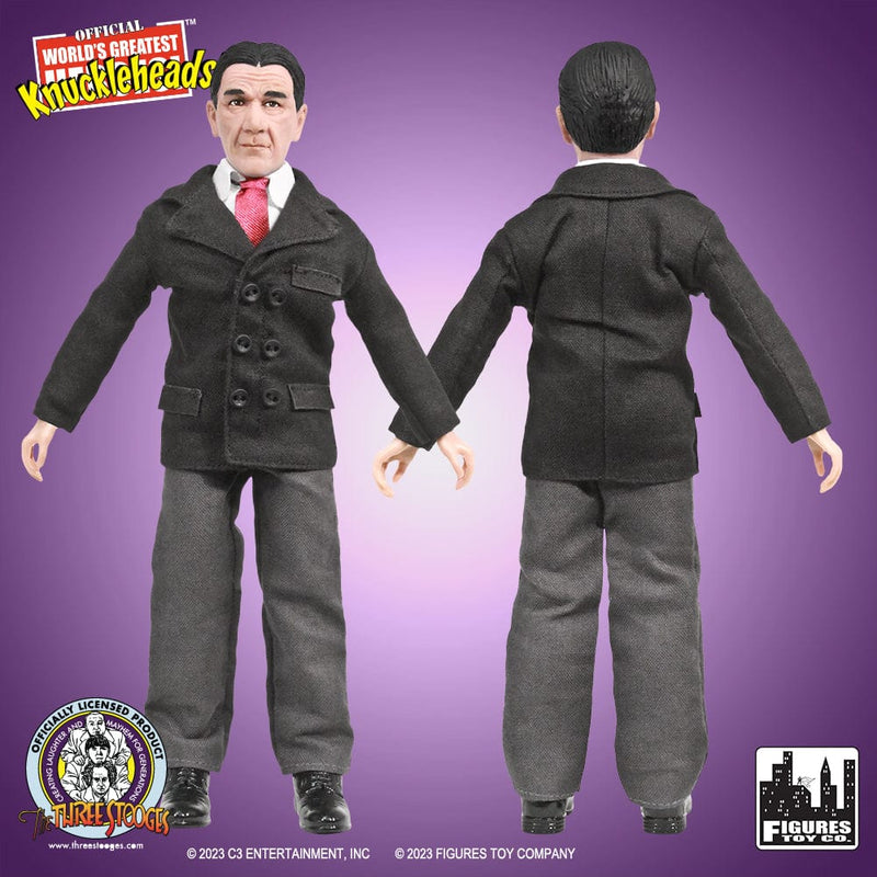 Front and back views of the unpackaged Shemp figure in a black double-breasted suit, gray trousers, red tie, and black shoes.