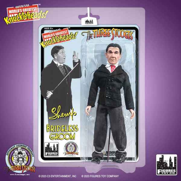 Packaged Shemp action figure in black suit and red tie with the text 'Brideless Groom' in black on a white card panel.