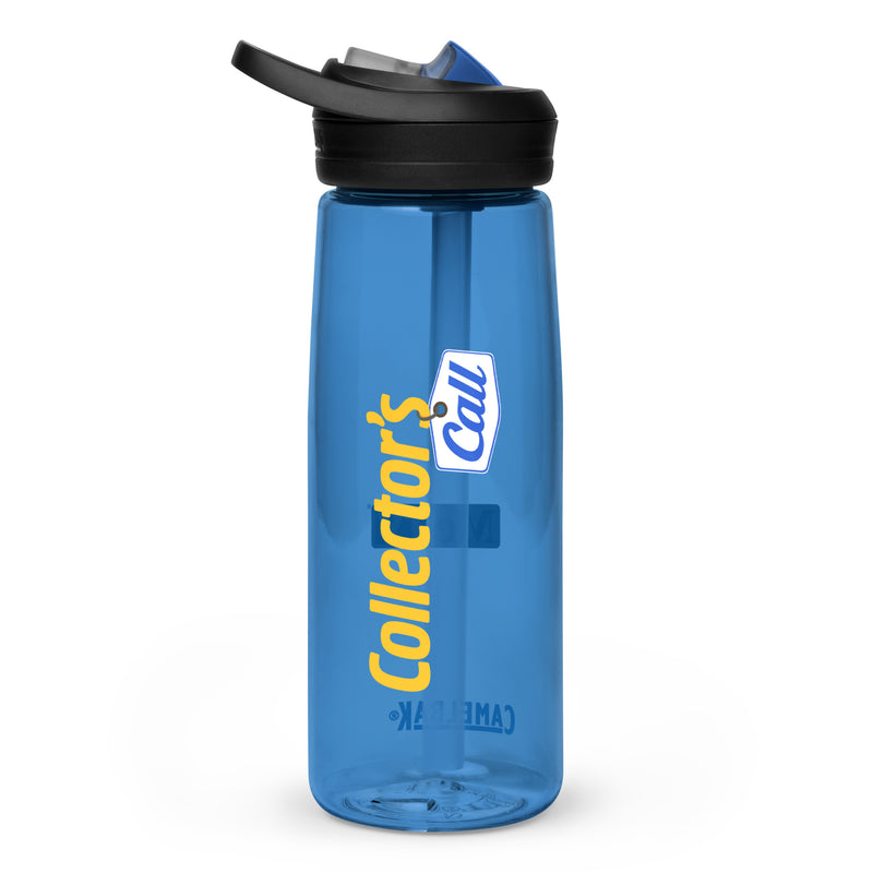 Blue water bottle with a black flip-top lid and straw featuring the Collector's Call logo in yellow and blue vertically along the side, with a CAMELBAK wordmark near the base.