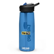 Blue water bottle with a black flip-top lid and straw, featuring the MeTV logo with the text 'Collector's Call' in dark blue vertically along the side and 'CamelBak' in white at the bottom.