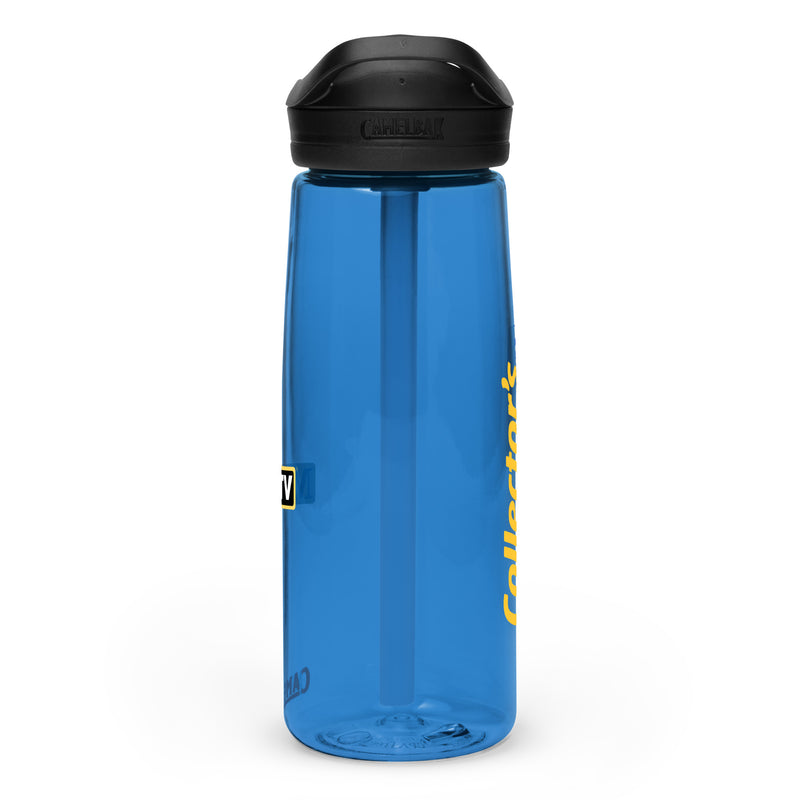 Blue water bottle with a black CamelBak lid featuring the yellow vertical text 'Collector's' and a yellow TV logo on the side.