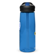 Blue water bottle with black lid featuring Collector's Call logo in white on the left side and yellow MeTV logo on the right.
