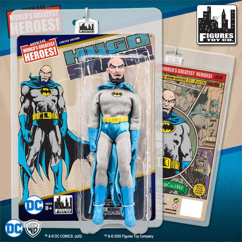 Gray and blue Hugo Strange as Batman action figure in clear package with the text 'HUGO STRANGE!' in white letters across the top of the display card.
